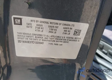 2012 Chevrolet Impala Ls из США, поврежденный, VIN 2G1WA5E37C1320943